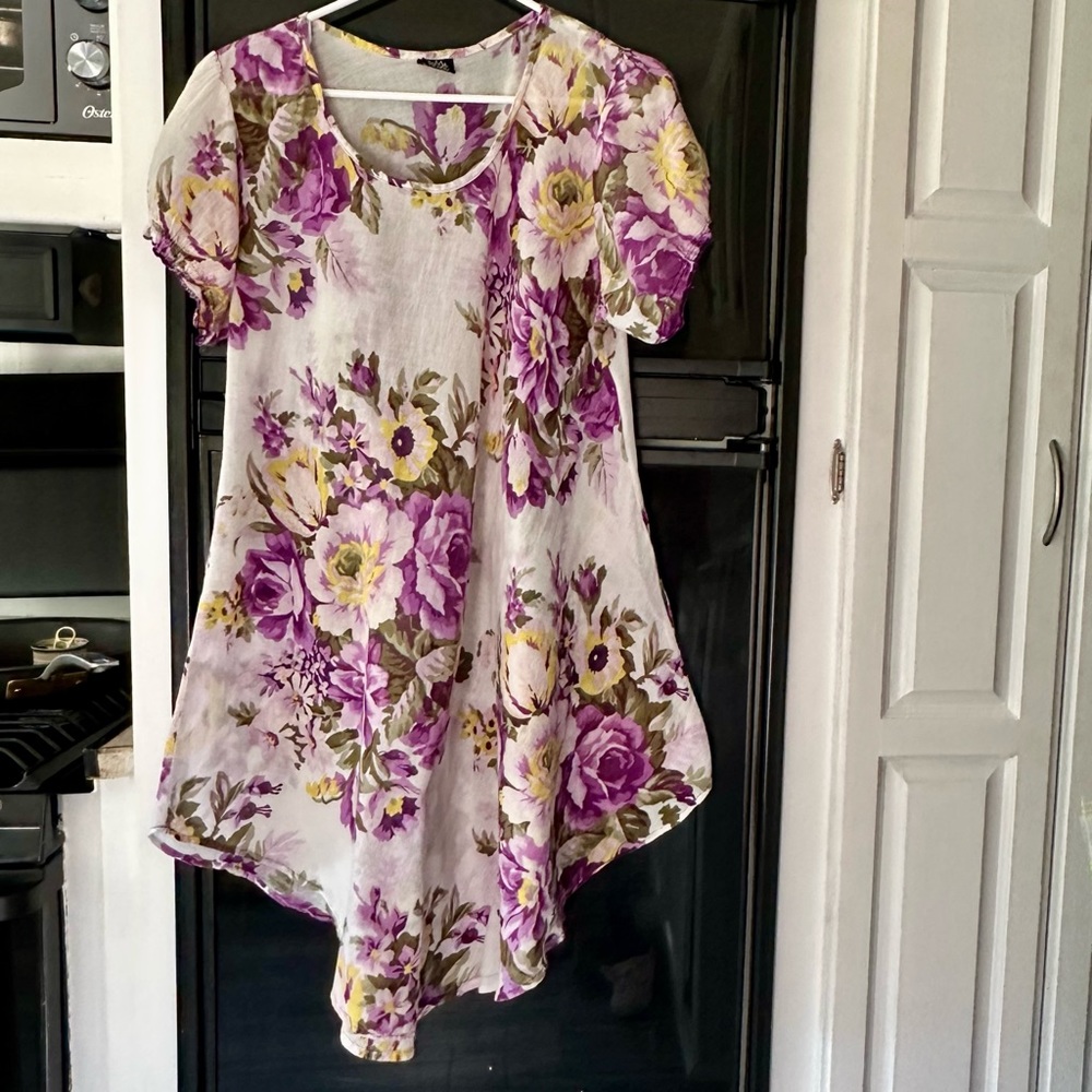 Peasant Tunic Dress White Purple Floral Thin S /‎ M Cover Up Vintage Layering